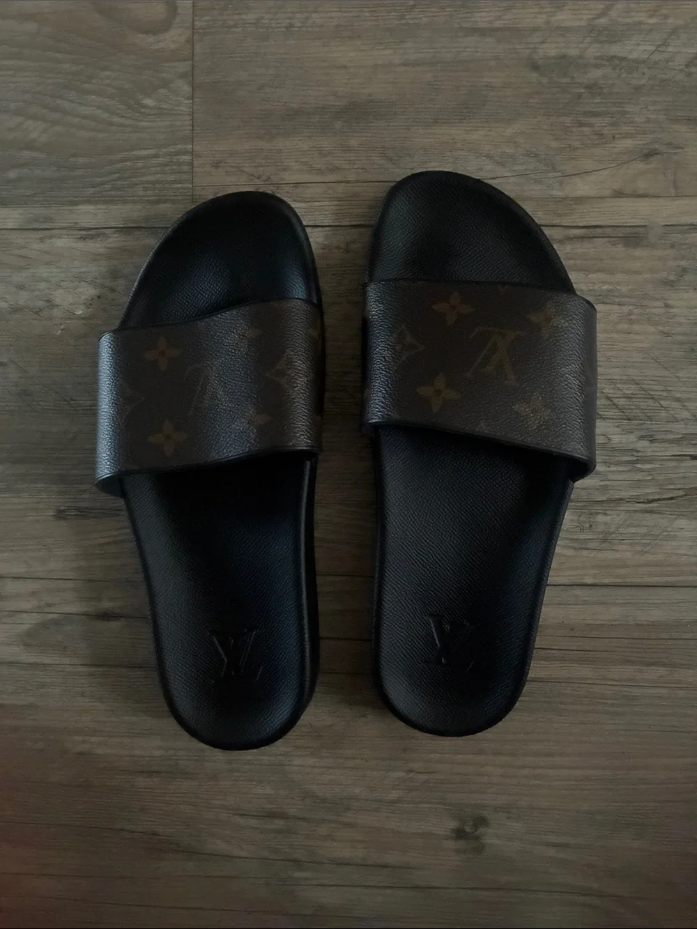 Louis Vuitton Brown and Black Monogram Slide Sandals